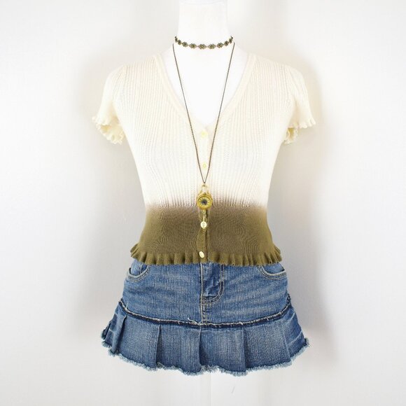 VTG 00s Y2K Guess Cream White Ombre Knit Ruffle Cropped Short Sleeve Cardigan - Picture 1 of 7